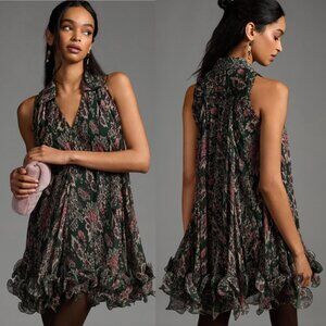 Anthropologie Let Me Be V-Neck Mini Swing Dress XS Floral Ruffle Sleeveless